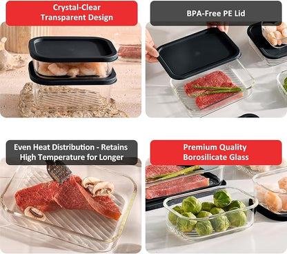 EATEX Grooved Base Glass Meal Prep Containers, 12 Pack Glass Storage Containers with Lids for Meal Prep & Lunch, Microwave Oven Freezer Dishwasher Safe, Anti Moisture Non-Stick Design - Sage Green