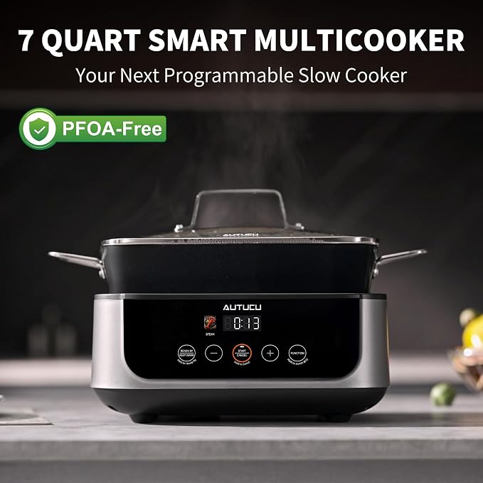 Slow Cooker 7 Quart | Programmable Multi-Cooker PFOA-Free Ceramic Coating, Steamer, Sear sauté, Warm Function (Includes Silicone Spoon)
