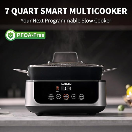 Slow Cooker 7 Quart | Programmable Multi-Cooker PFOA-Free Ceramic Coating, Steamer, Sear sauté, Warm Function (Includes Silicone Spoon)