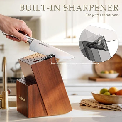 Astercook Knife Set, Kitchen Knives Set with Block and Sharpener Full Tang 15 Pcs Stainless Steel Knives, Dishwasher Safe Knife Set with Anti-slip Ergonomic Handle, Walnut, Fathers Day Gift for Men
