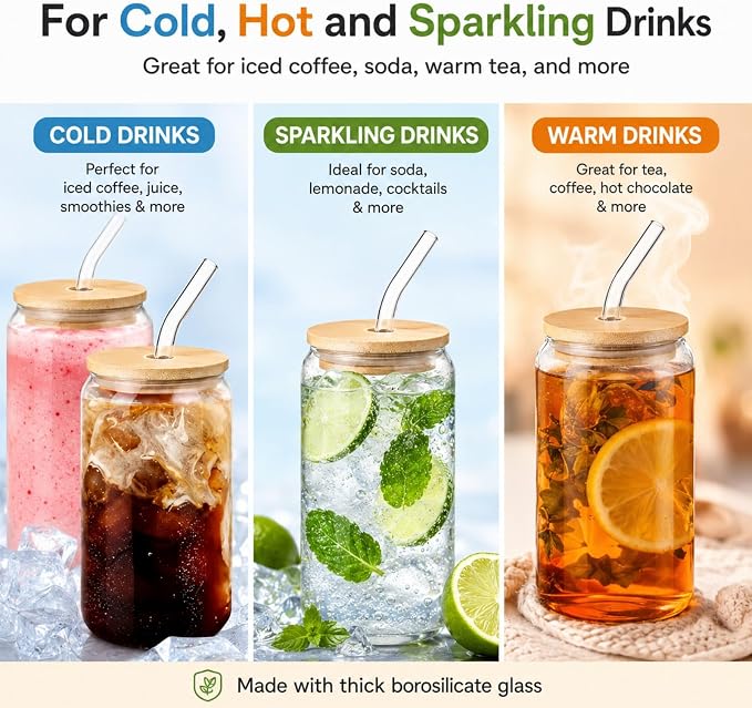 Glass Cups with Lids and Straws Set of 6, 16 oz Can Glasses with Bamboo Lids and Glass Straws, Iced Coffee Cups for Small Kitchens, Soda, Smoothies and Daily Drinks