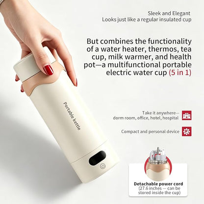 Insulated Stainless Steel Electric Kettle Small, Smart Water Bottle with 4 Temperature Control, Leak-Proof, Mini Travel Essentials Portable Office Gifts for Tea Lovers, Cream