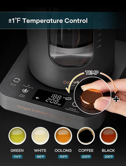INTASTING Electric Tea Kettle, Electric Kettle with Tea Infuser, ±1℉ Knob Temperature Control, BPA-Free Glass, 1200W Fast Heating, Easy to Clean, 1 Liter (Dark Gray)