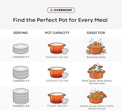 Overmont Enameled Cast Iron Dutch Oven - 5.5QT Pot with Lid Cookbook & Cotton Potholders - Heavy-Duty Cookware for Braising, Stews, Roasting, Sourdough Baking Orange