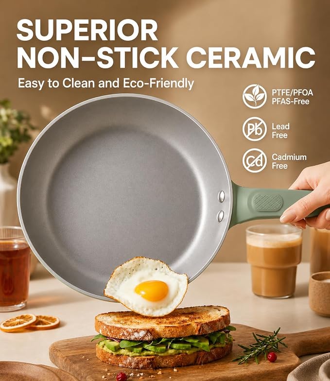 USELUCK 9.5 Inch Ceramic Nonstick Frying Pan Skillet, PFOA-Free Omelet Pan, Induction Compatible Aluminum Cookware for All Cooktops, Stay-Cool Non-Slip Handle, Green