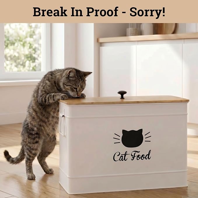 Cat Food Storage Container with Scoop - 15 lb (50 Cup) Capacity Metal Cat Food Container with Airtight Bamboo Lid & Metal Scoop - Airtight Pet Food Storage Containers - 15 lb Treats & Kibble Container