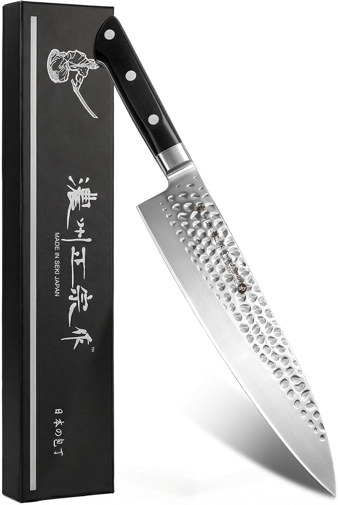8 Inch Japanese Chef Knife, Made in Japan, Full Tang High Carbon Molybdenum Stainless Steel Gyuto Knife with Hammered Finish for Rock Chopping Meat, Fish and Vegetables