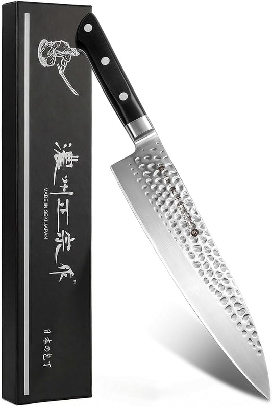 8 Inch Japanese Chef Knife, Made in Japan, Full Tang High Carbon Molybdenum Stainless Steel Gyuto Knife with Hammered Finish for Rock Chopping Meat, Fish and Vegetables