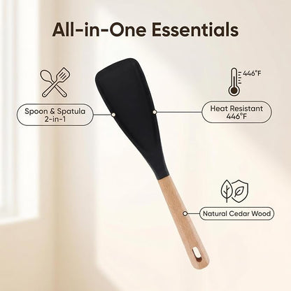 Cooking Spoon for Nonstick Cookwares,Cedar and Ash Spoon, Multifunction Spatula Cooking Spoon, Perfect Silicone Spoon for Mixing, Scoop, and Scrape(BLACK)