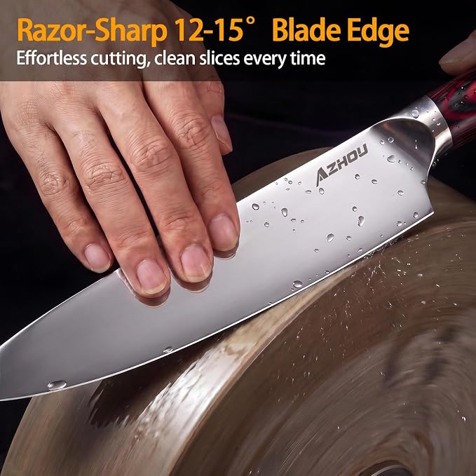 Azhou 8 Inch Chef Knife, Professional Kitchen Knife with 7Cr17CoMoV High Carbon Stainless Steel, Ultra Sharp Mirror Polished Blade, Ergonomic Wood Handle, Gift Box for Men Women