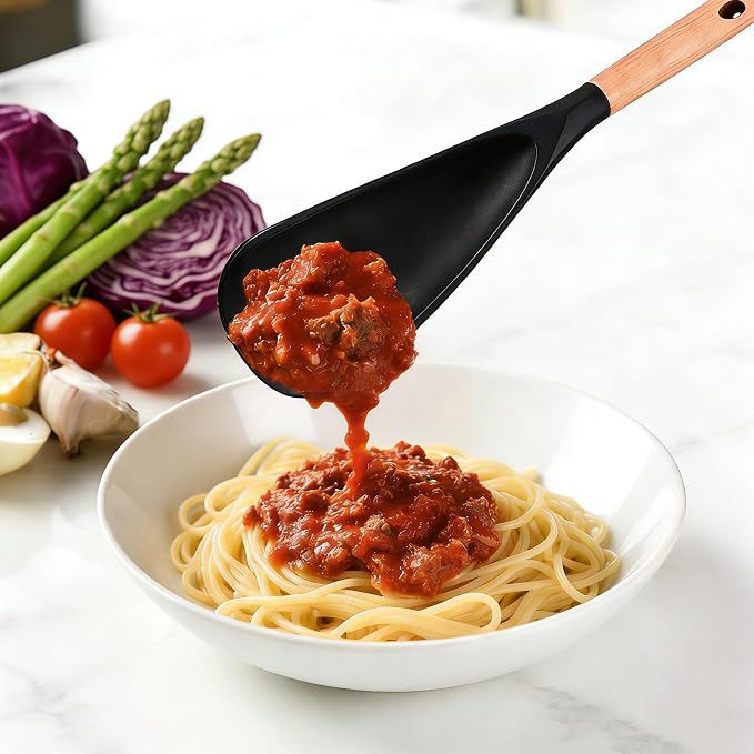 Cooking Spoon 2-Pack: Multi-Function Wood Handle Silicone Spatula Spoon & Rice Scooper for Nonstick Cookware - BPA-Free Heat-Resistant Kitchen Utensils Set for Mixing, Serving, Scooping, Scraping