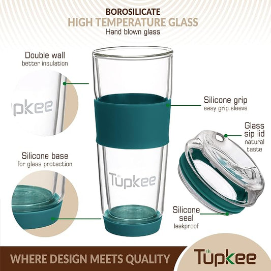 Double Wall Glass Tumbler - 14-Ounce, All Glass Reusable Insulated Tea/Coffee Mug & Lid, Hand Blown Travel Mug - Cyan