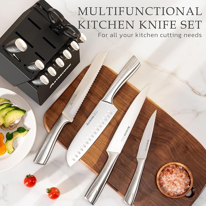 Astercook Knife Set, Kitchen Knives Set with Block and Sharpener Full Tang 15 Pcs Stainless Steel Knives, Dishwasher Safe Knife Set with Anti-slip Ergonomic Handle, Black, Fathers Day Gift for Men