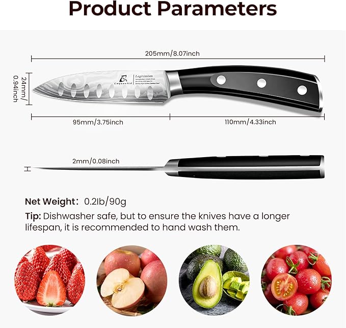 CoquusAid Paring Knife 3.75 Inch Fruit Knives, Small Kitchen Knife, Ultra Sharp German Stainless Steel Vegetable Knives, Damascus Pattern, Full Tang Handle Design, Elegant Black Ideal for Gift