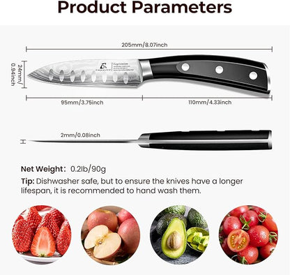 CoquusAid Paring Knife 3.75 Inch Fruit Knives, Small Kitchen Knife, Ultra Sharp German Stainless Steel Vegetable Knives, Damascus Pattern, Full Tang Handle Design, Elegant Black Ideal for Gift