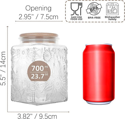 Custde Glass Storage Jars With Airtight Lid, 23.7oz Canister For Kitchen Counter with Bamboo Lid, brown sugar, candy, coffee, cookie, salt, tea,pantry cute Jar (Square Sunflower)