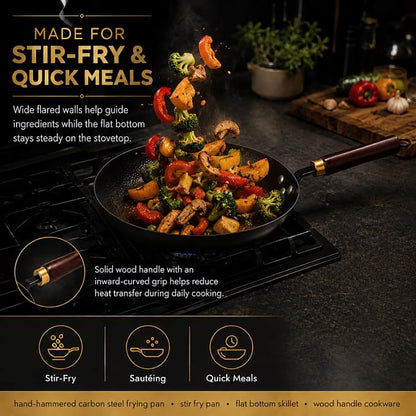 Calmabode 10.5” Hand-Hammered Carbon Steel Skillet with Glass Lid | Pre-seasoned coating-free carbon steel, flared rim, flat bottom, induction compatible, ideal for steak, eggs and searing