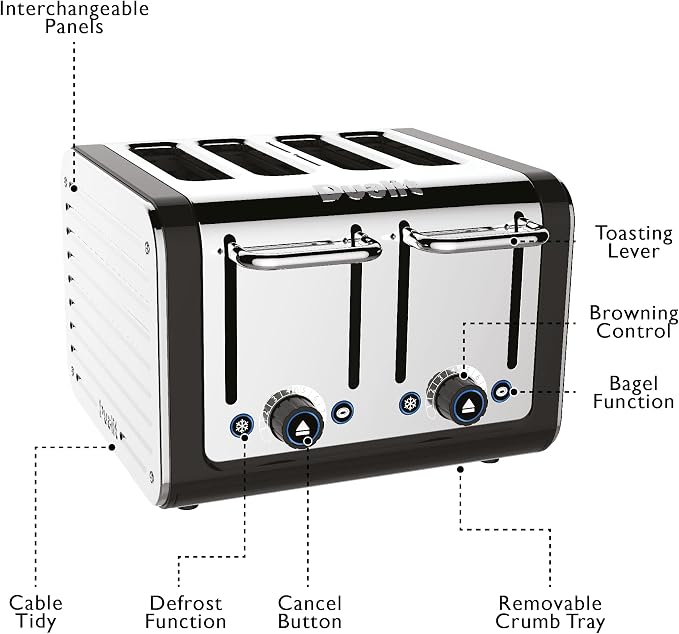 Dualit Design Series 4 Slice Toaster | Polished Stainless Steel with Black Trim | Extra-Wide Slots – Peek and Pop Function – Patented Perfect Toast Technology – Matching Kettle Available