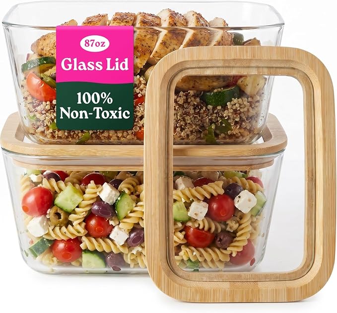 2-Pack-87.7 Oz Large Glass Food Storage Containers with Clear-Top Bamboo Lids – Plastic Free Glass Meal Prep Containers for Lunch, Eco Friendly Airtight, Microwave & Freezer Safe