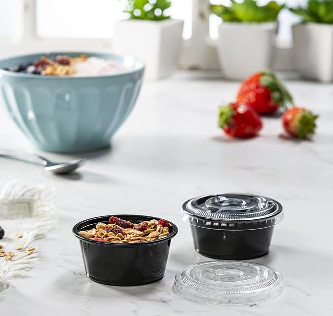 {3.25 oz - 100 Sets} Black Diposable Plastic Portion Cups With Lids, Small Mini Containers For Portion Controll, Jello Shots, Meal Prep, Sauce Cups, Slime, Condiments, Medicine, Dressings, Crafts,