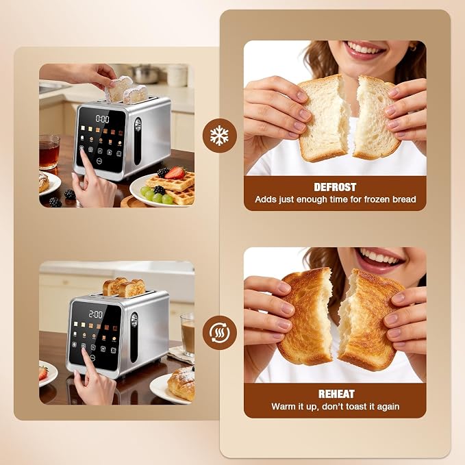 2 Slice Toaster, Smart Digital Touchscreen with Memory Function, 1.5" Extra-Wide Slots, 5 Bread Types & 6 Browning Settings, 900W for Fast Toasting, Defrost & Reheat Modes