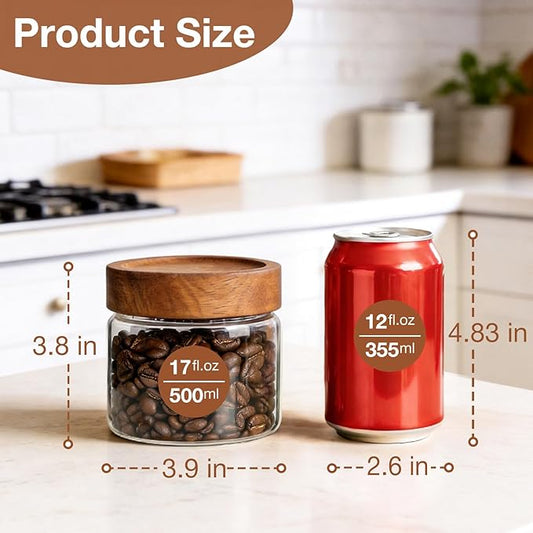 CONNOO 17oz Airtight Glass Spice Jars with Lids (6-Pack) – Thick, Durable Storage for Pantry, Coffee, Sugar & Meal Prep