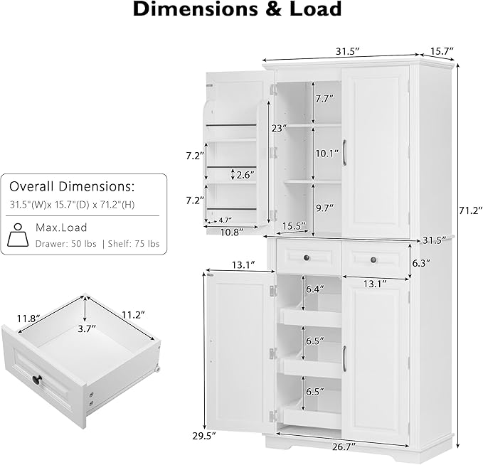 VilroCaz Wooden 71" H Kitchen Pantry with 3 Pull Out Cabinet Organizers, Freestanding Cupboard Storage Cabinet with 4 Doors and 2 Drawers, Farmhouse Embossed Texture Design (White-5.K)