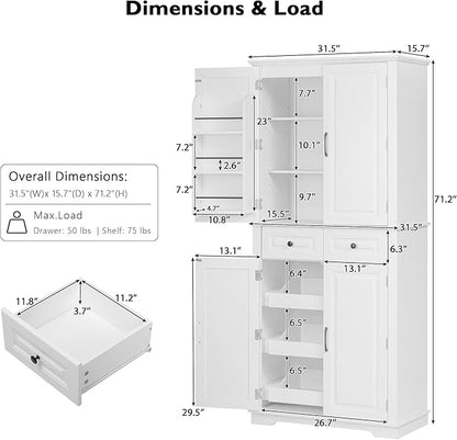 VilroCaz Wooden 71" H Kitchen Pantry with 3 Pull Out Cabinet Organizers, Freestanding Cupboard Storage Cabinet with 4 Doors and 2 Drawers, Farmhouse Embossed Texture Design (White-5.K)