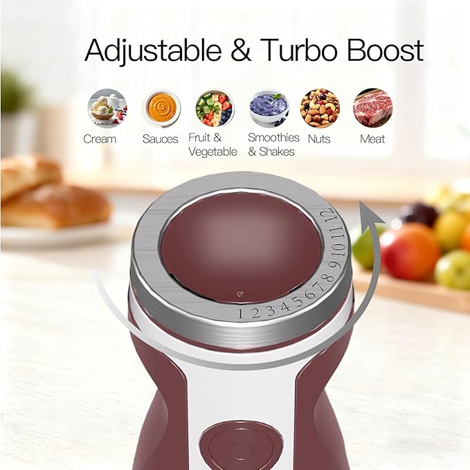 MegaWise Pro Titanium Reinforced 5-in-1 Immersion Hand Blender, Powerful Motor with 80% Sharper Blades, 12-Speed Corded Blender, Including 500ml Chopper, 600ml Beaker, Whisk and Milk Frother (Red)