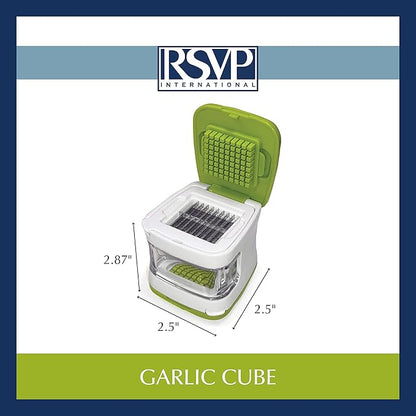 RSVP International Garlic Clove Cube Press Tool, Green/White | BPA-Free Plastic with Stainless Steel Blades | Minces & Slices | Chop, Crush, or Dice Garlic & Herbs | Dishwasher Safe