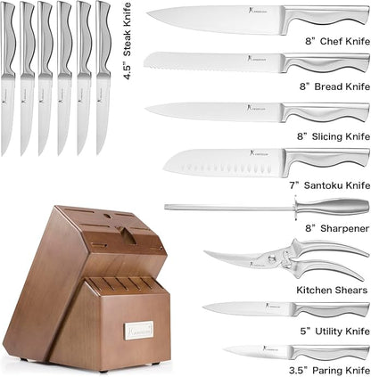 Kangdelun 15-Piece Ultra Sharp Kitchen Knife Set with Wooden Block, Exclusive Ergonomic Anti-Slip Handle, High-Carbon 50CR15MOV Steel, Angled Design, Dark Brown Wood Block