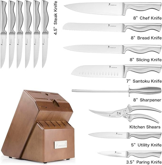 Kangdelun 15-Piece Ultra Sharp Kitchen Knife Set with Wooden Block, Exclusive Ergonomic Anti-Slip Handle, High-Carbon 50CR15MOV Steel, Angled Design, Dark Brown Wood Block