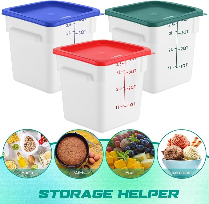 Ziliny 6 Pieces 4 Quart Commercial Food Storage Containers with Lid Translucent Container with 3 Color Lids for Freezer Flour Sugar Baking Bread Restaurant, Square
