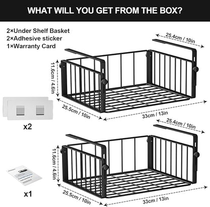 AmonHouseware 2 Pack Hanging Under Shelf Storage Basket,Adjustable Under Cabinet Add-on Storage Racks Slide-in Baskets Organizer for Laundry Room Kitchen Pantry Desk Bookshelf, Black