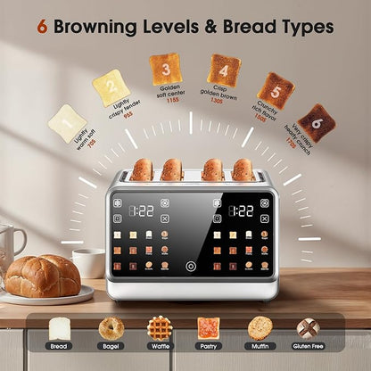 4-Slice Smart Toaster, 1800W Digital Touchscreen with Dual-Zone Control, 1.5" Extra-Wide Slots for Bagels & Thick Bread, 6 Browning Levels & 6 Presets, Single-Slot Energy Saving, Defrost/Reheat