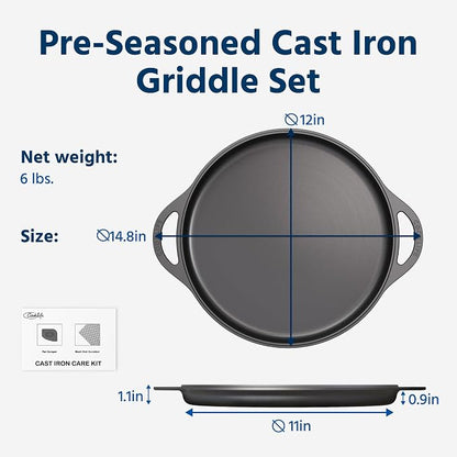 COOKLIFE 12inch Lightweight Pre-Seasoned Cast Iron Griddle Smooth Grill Pan | Non-Stick Polished Flat Pan Use with an Oven, Stove, Grill, or Campfire, Handcrafted, PFAS-Free, Non-Toxic, Easy to Clean
