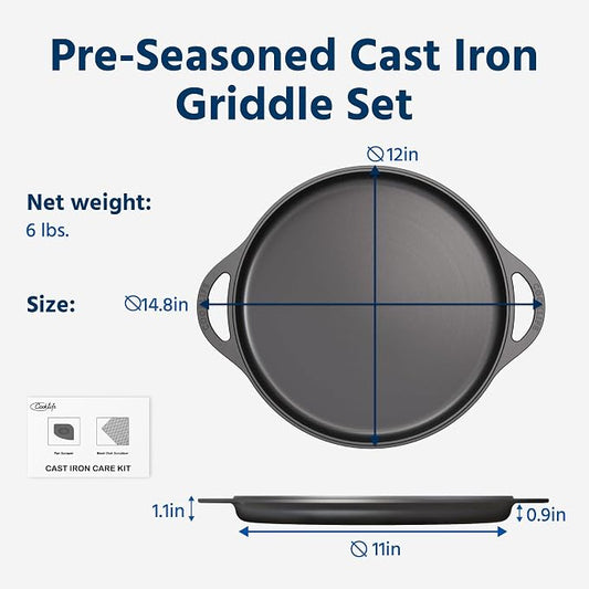 COOKLIFE 12inch Lightweight Pre-Seasoned Cast Iron Griddle Smooth Grill Pan | Non-Stick Polished Flat Pan Use with an Oven, Stove, Grill, or Campfire, Handcrafted, PFAS-Free, Non-Toxic, Easy to Clean