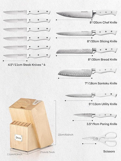Knife Set, D.Perlla 15 Pieces Kitchen Knife Set with Built-in Sharpener, High Carbon Stainless Steel Kitchen Knife Block Set with Unique Waved Pattern, Non-slip Handle, White