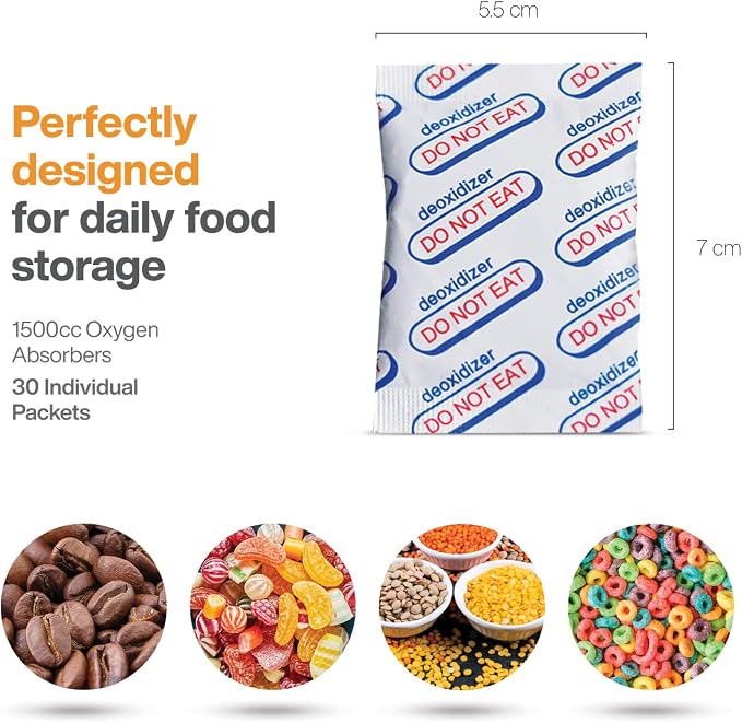 1500cc (Individually Sealed - Total 30 Count) for Food Storage, Food Grade Oxygen Absorbers Packets with Oxygen Indicator for Long Term Storage and Preservation(30 Individual Packets, 1500cc)