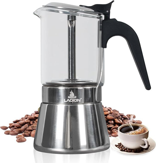 LAOION Stovetop Espresso Maker, 9Cup 360ml Moka Pot, Crystal Glass-top & Stainless Steel Coffee Maker Mocha Pot, Greca De Cafe, Cuban and Italian Coffee Maker for Cafetera Cubana