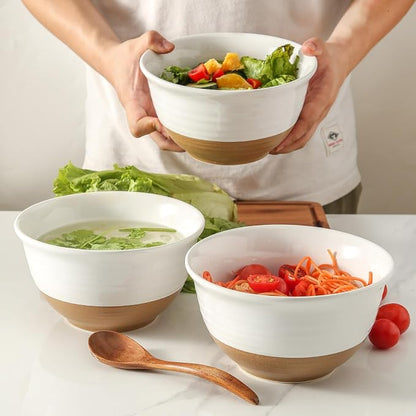 HASENSE Large Ceramic Soup Bowls Set of 4, 40 Oz 7 Inch White & Terracotta Stoneware Mixing Bowls, Farmhouse Bowls for Cereal, Salad, Pasta & Ramen, Dishwasher & Microwave Safe