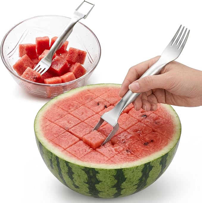 CripsTaste Watermelon Fork Cutter Slicer Tool, 2-in-1 Stainless Steel Fruit Cutter Melon Slicer Cutter Tool, Watermelon Cutting Tool for Home Party Camping Kitchen Gadget