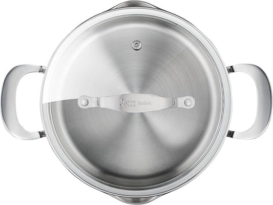 Jamie Oliver by T-fal Cook Smart 10-Piece Cookware Set, Uncoated Stainless Steel, Robust, Fast Heating, Even Cooking, Riveted Handle, Induction safe, Oven and dishwasher safe
