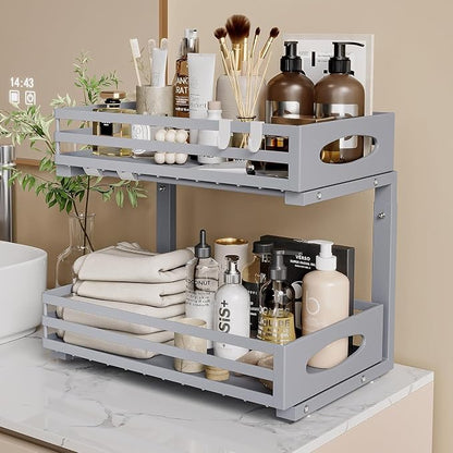 Under Sink Organizer, 2 Tier Under Sink Organizers and Storage, Adjustable Height, Slide out Metal Cabinet Organizers, Pull out Cabinet Storage Drawer Shelf for Kitchen Bathroom (Gray, 2 Pack)