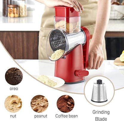 Weltonhm Rotary Cheese Grater with 4 Blades, Large Hand Crank Cheese Grater with Waffle Slicer, Black and White Cheese Slicer with Suction Base, Easier for Shredding& Grating (red, 4 Graters)