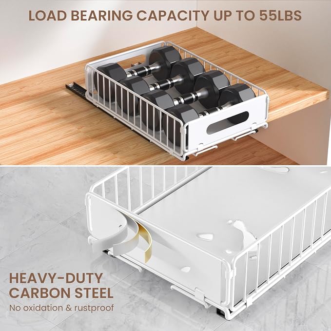 2 Pack Pull Out Cabinet Organizer, Heavy Duty Slide Out Drawer with No Drill Adhesive or Screw Mount, Carbon Steel Roll Out Shelf for Kitchen Cabinet, Pantry & Bathroom Storage