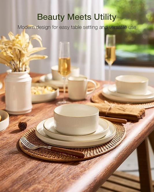 Famiware Star 12-Piece Stoneware Dinnerware Sets with Trim, Service for 4, Ceramic Plates and Bowls Set, Modern Rustic Dishes, Everyday/Formal, Chip/Scratch Resistant, Microwave/Dishwasher Safe, White