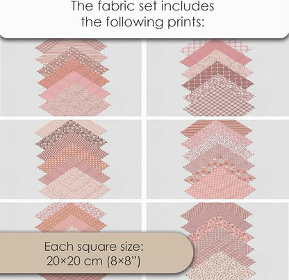 Cotton Satin Patchwork Fabric Panel – 35 Designs, 20×20 cm Squares, Single Piece 150×110 cm, Blush Pink Quilt Fabric (Peach Tones Geometric & Floral Set, 35pcs 8x8 inch)