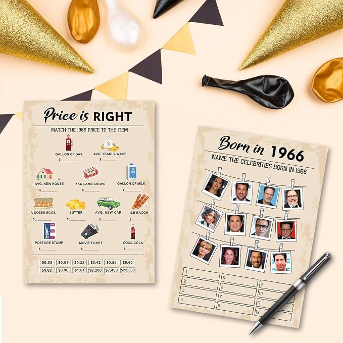 QUPT 60th Birthday Party Games, Set of 2 Activities for 15 Guests, Born in 1966 Games Bundle, Birthday Party Supplies for Adults, Pack of 30 Cards