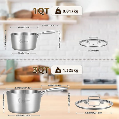 LOLYKITCH Tri-Ply Stainless Steel Saucepan Set with Glass Lids, 1QT & 3QT Cooking Pots, Uncoated Heavy Bottom Metal Sauce Pans for Induction Cooktop, Ergonomic Handle